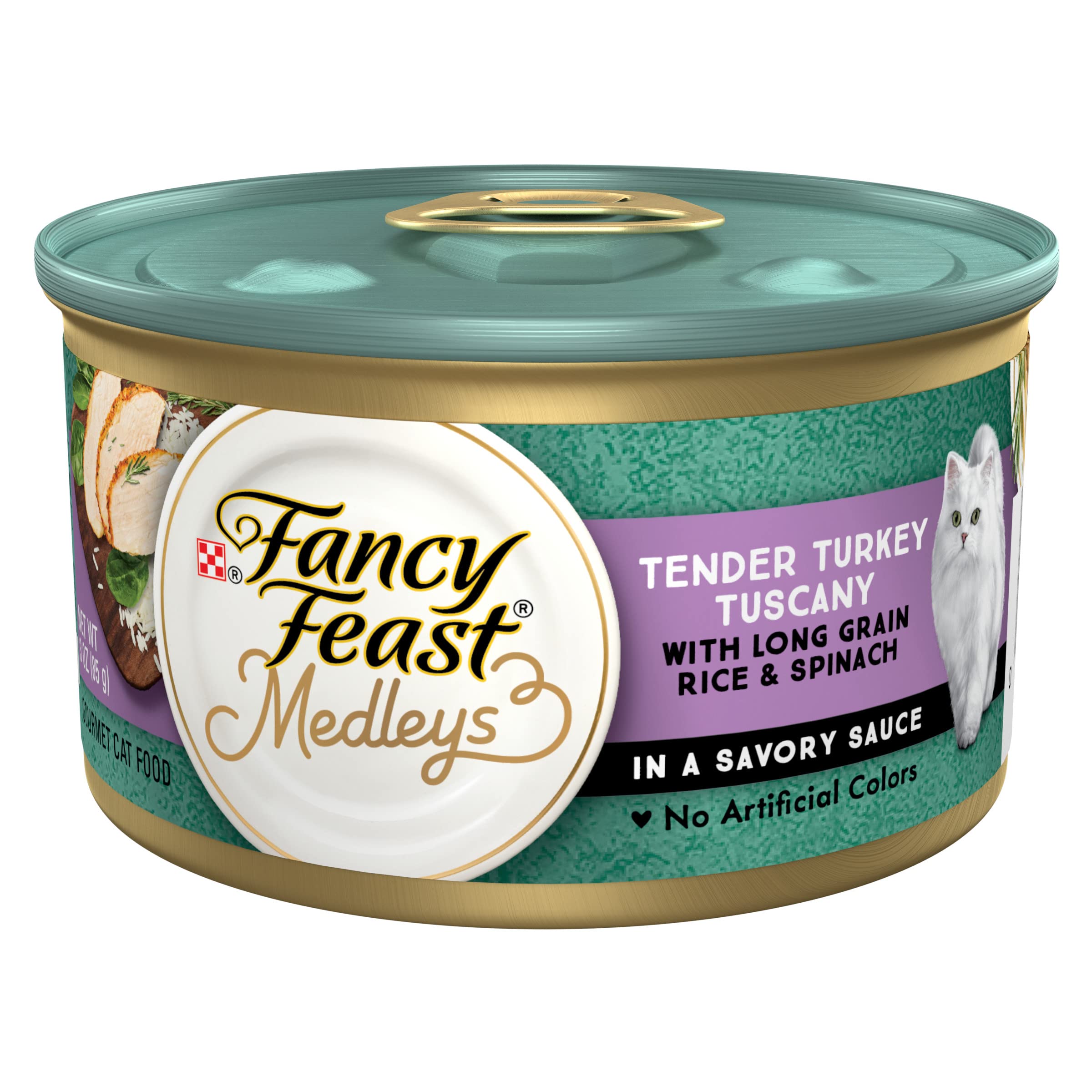 Fancy Feast Medleys Tender Turkey Tuscany bites in savory sauce tempt adult cats.