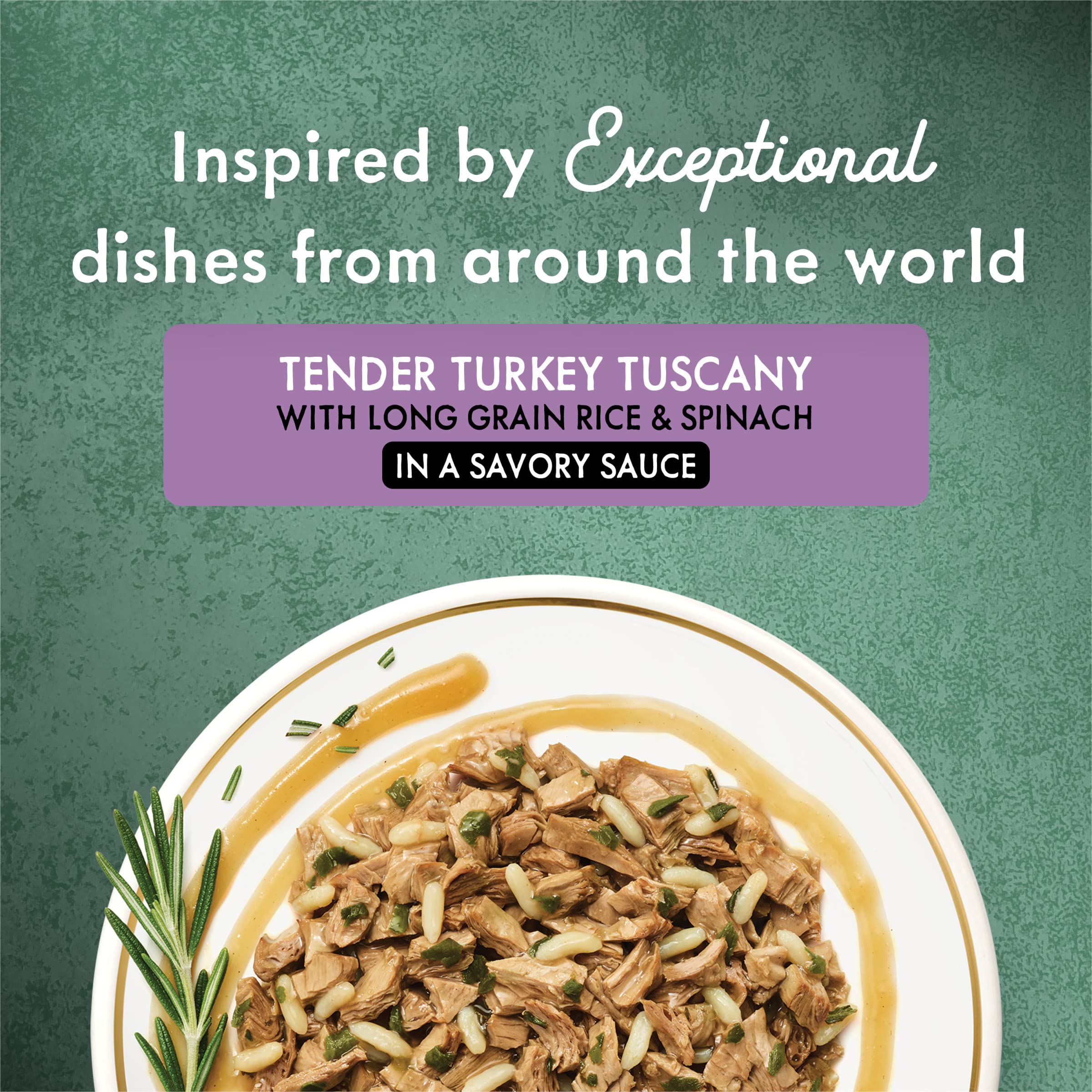 Fancy Feast Medleys Tender Turkey Tuscany sauce highlights long grain rice and greens.