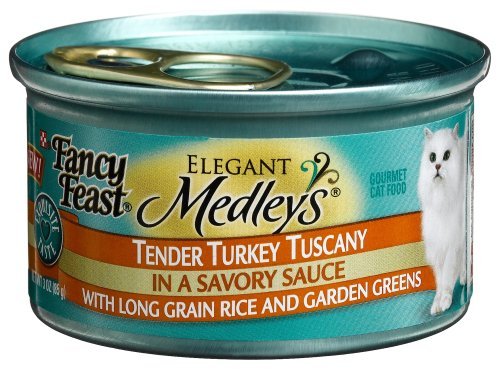Fancy Feast Medleys Tender Turkey Tuscany spinach chunks in rich sauce.