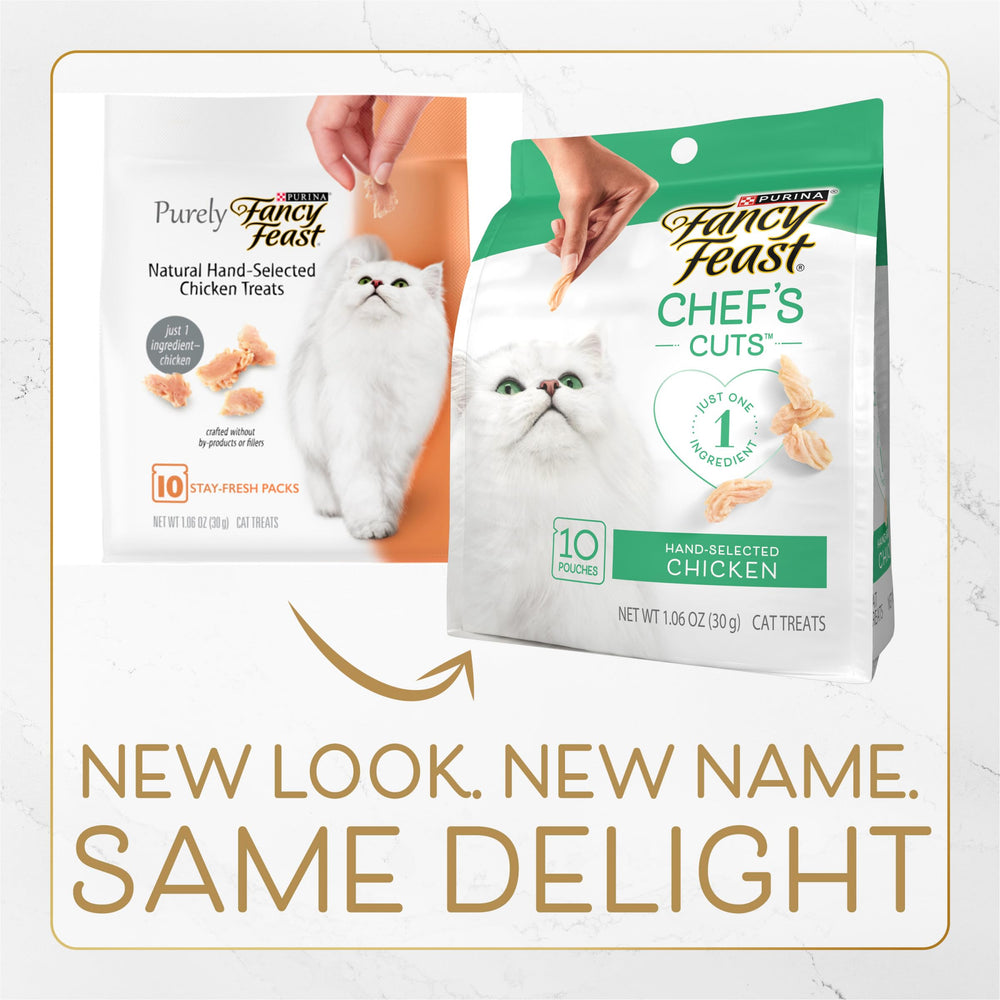 Fancy Feast natural chicken treats bites close-up, tender pieces ideal for a light cat snack.