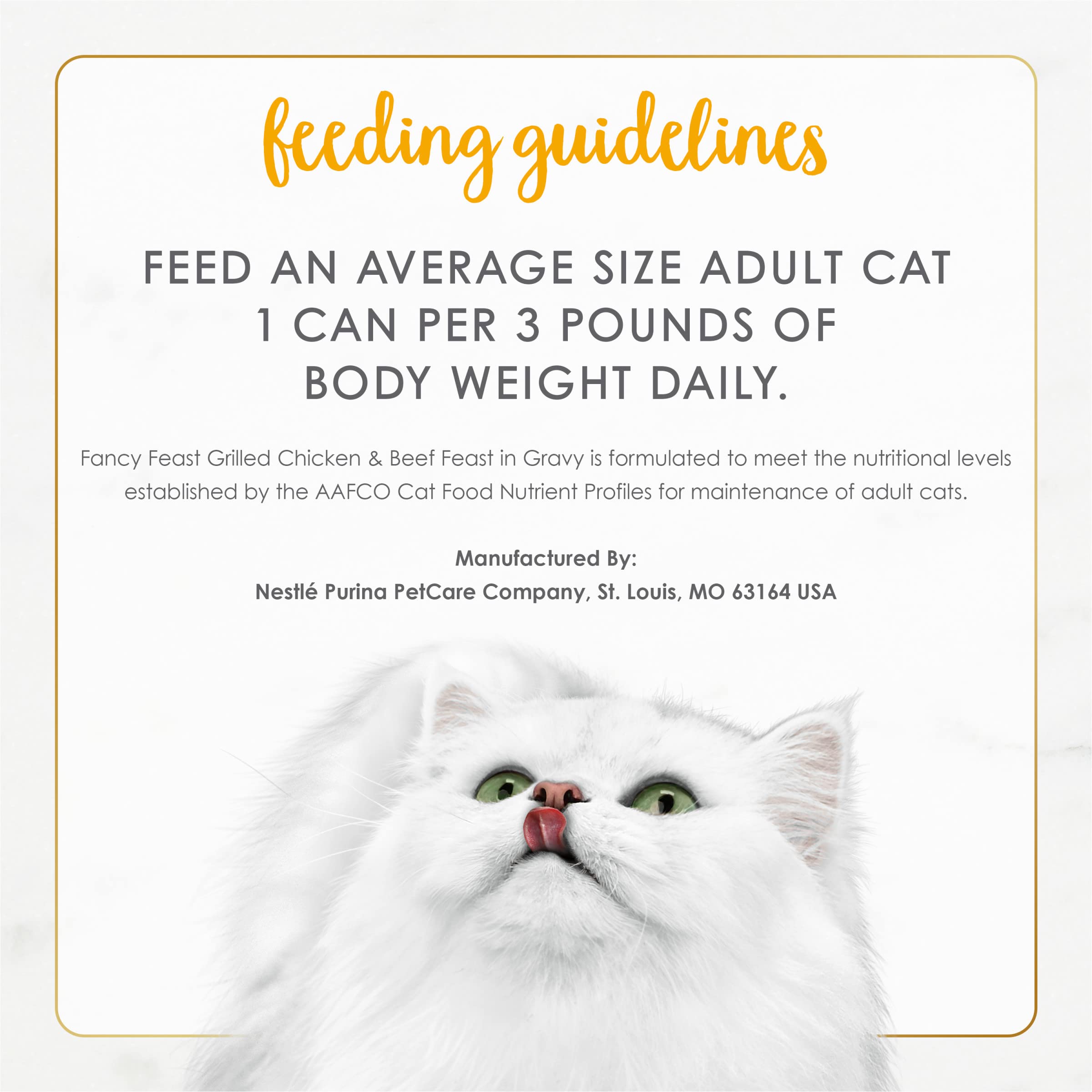 Fancy Feast nutrition balance label close-up, highlights added vitamins and minerals.