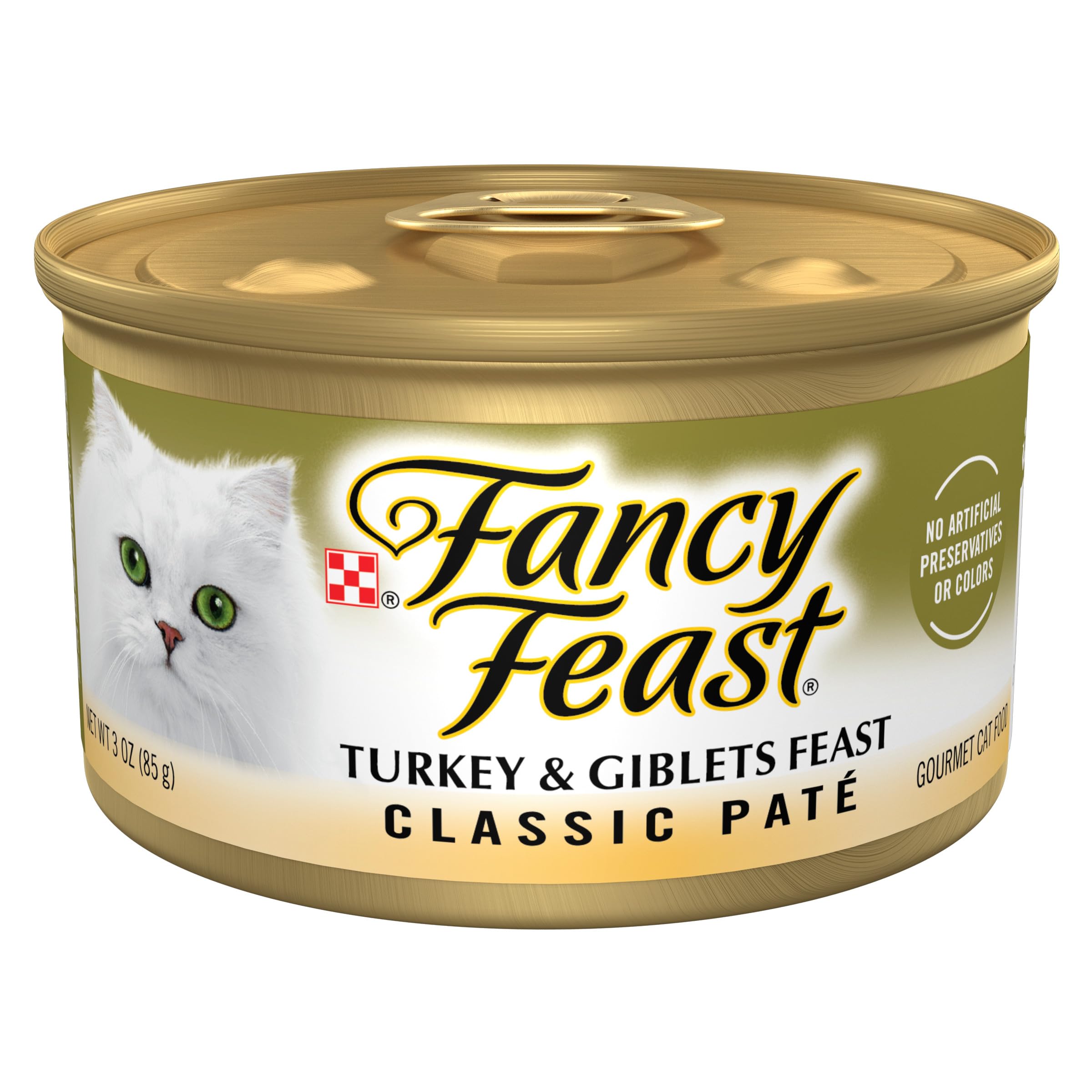 Purina Fancy Feast Pate Turkey and Giblets can front shows smooth texture ideal for easy eating.