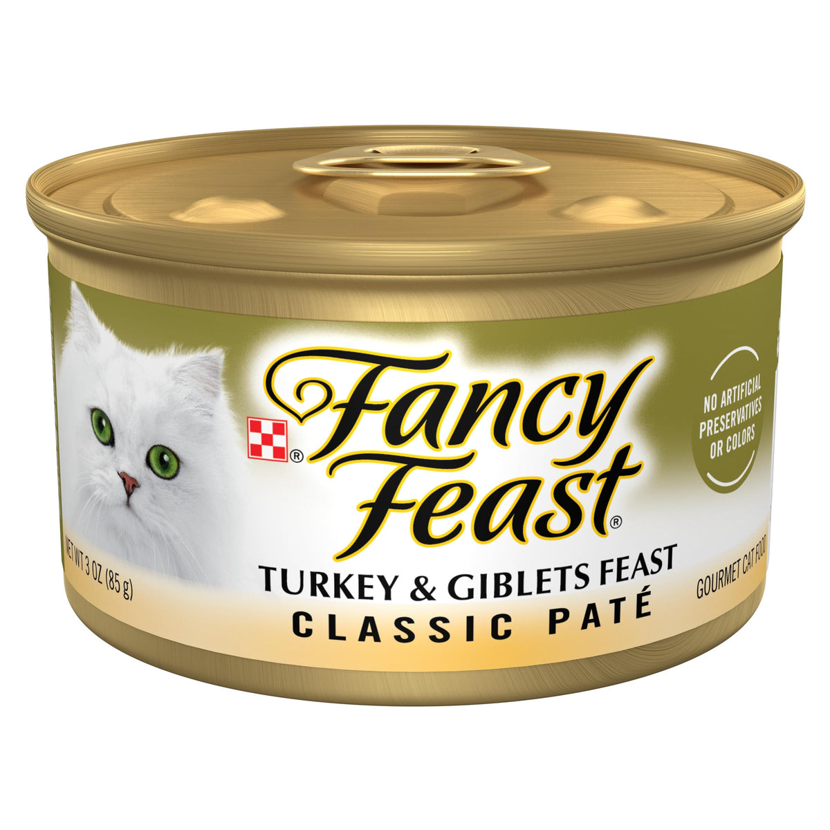 Purina Fancy Feast Pate Turkey and Giblets can front shows smooth texture ideal for easy eating.