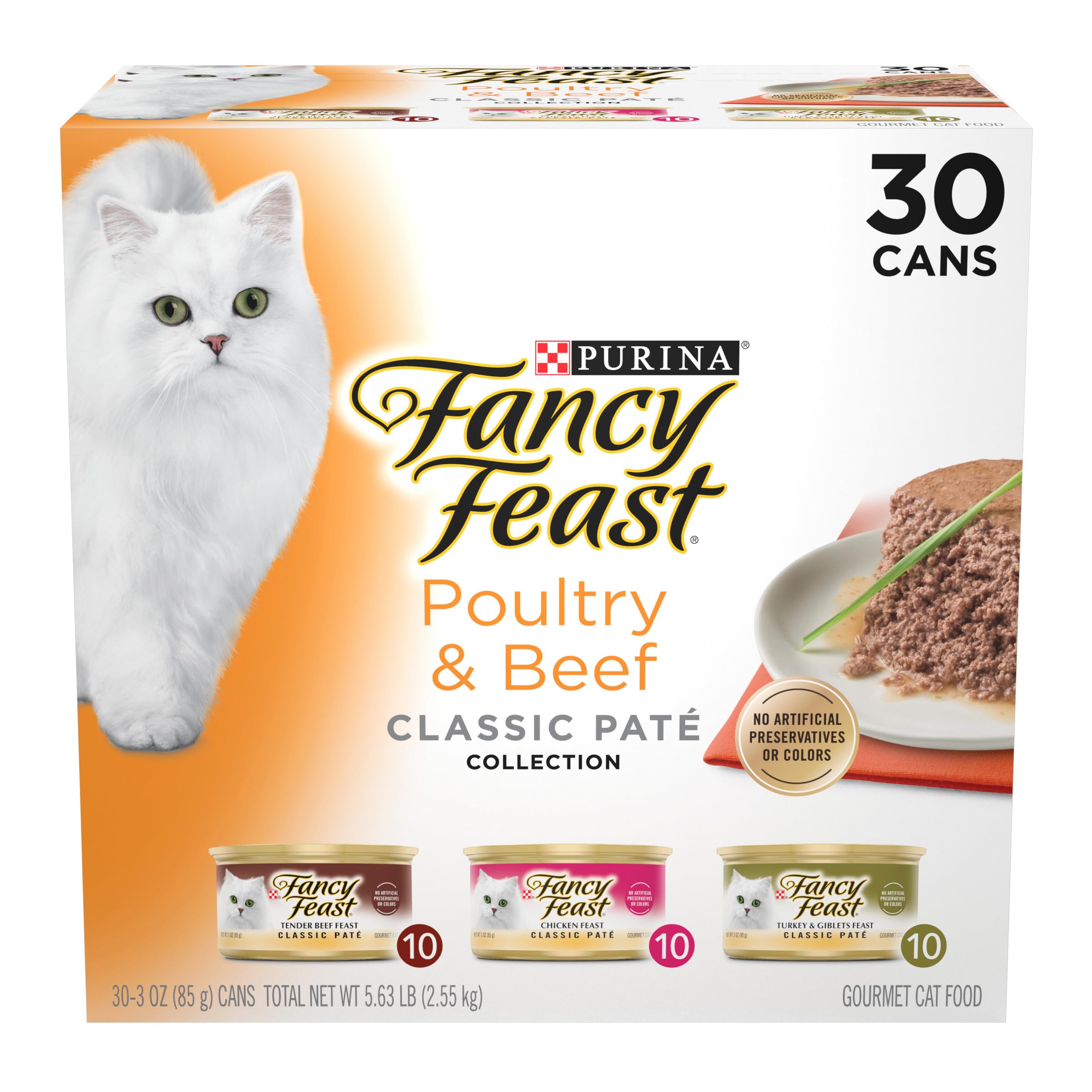 Fancy Feast Poultry and Beef Classic Pate Collection front pack for rotating meals and variety.