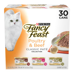 Fancy Feast Poultry and Beef Classic Pate Collection front pack for rotating meals and variety.