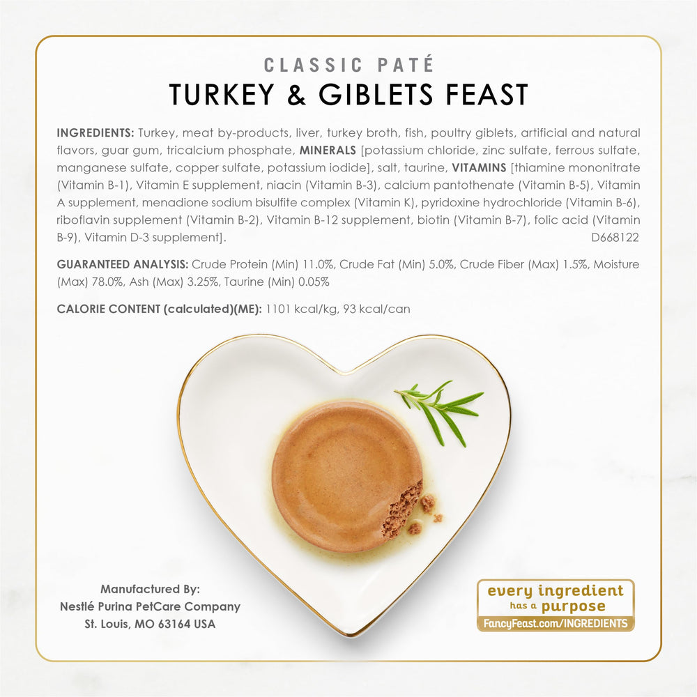Fancy Feast Poultry and Beef Classic Pate Collection serving idea shows complete adult cat meal.