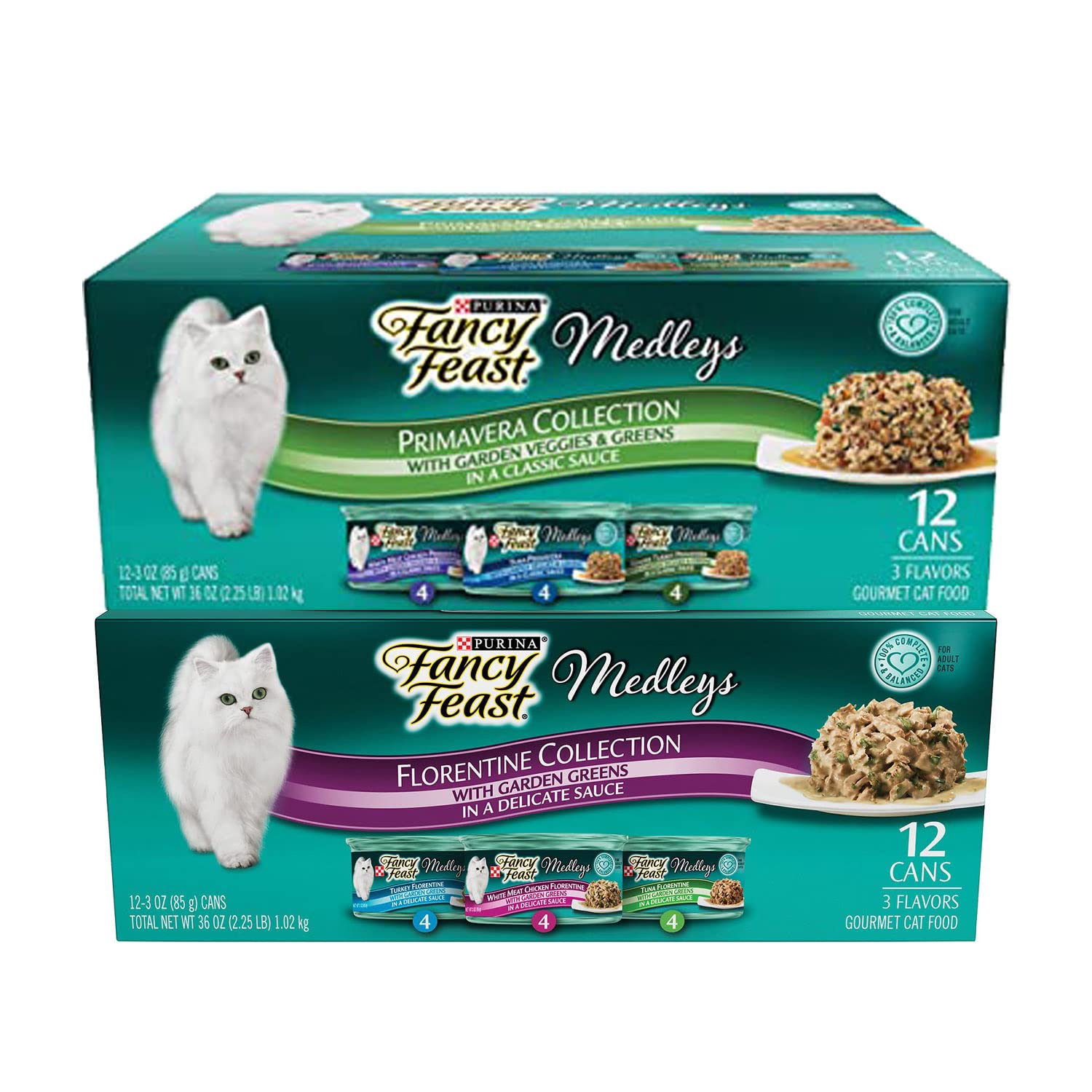 Fancy Feast Premavera & Florentine set image highlighting gourmet wet cat food duo for enticing meals.