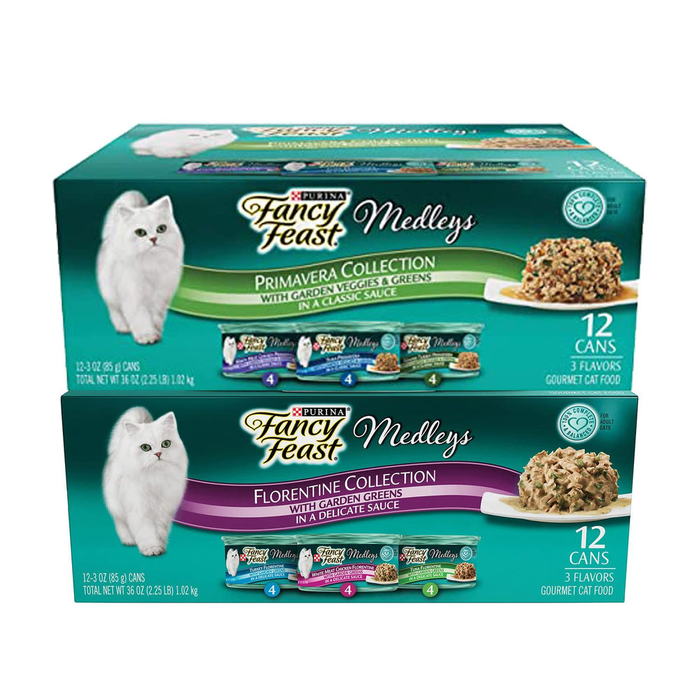 Fancy Feast Premavera & Florentine set image highlighting gourmet wet cat food duo for enticing meals.