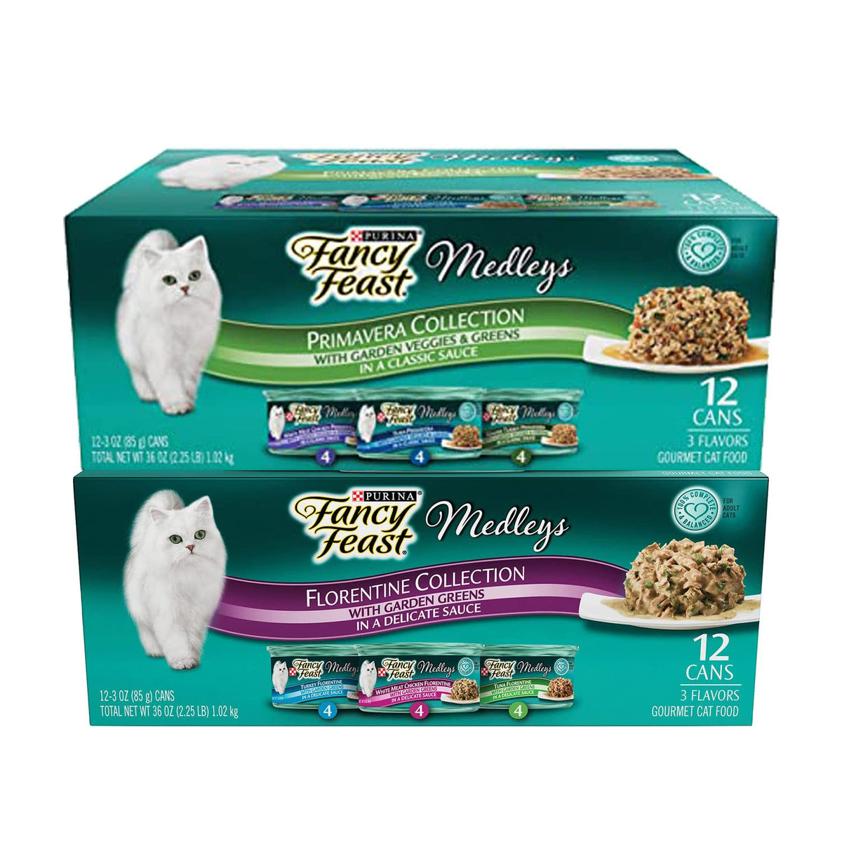 Fancy Feast Premavera & Florentine set image highlighting gourmet wet cat food duo for enticing meals.