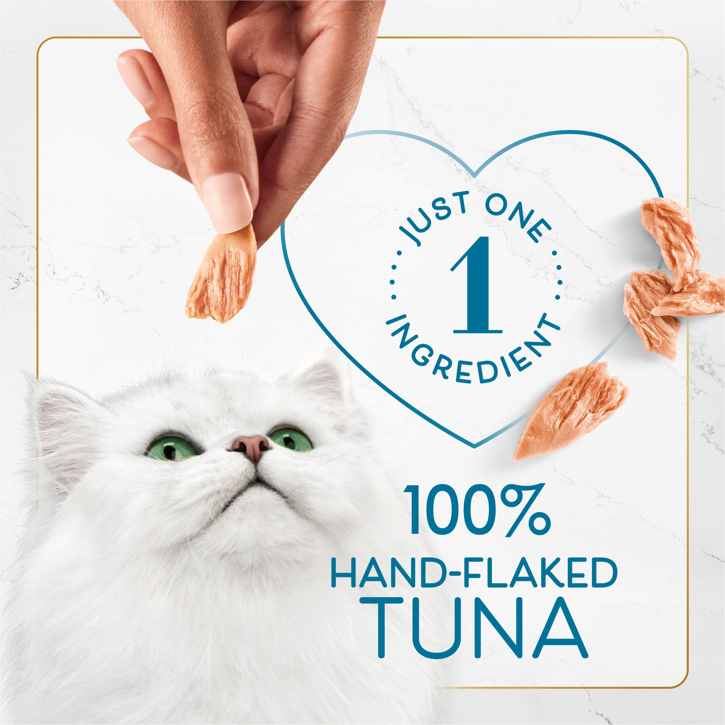 Bite-sized tuna pieces from Fancy Feast Purely Hand-Flaked ideal for snacking.