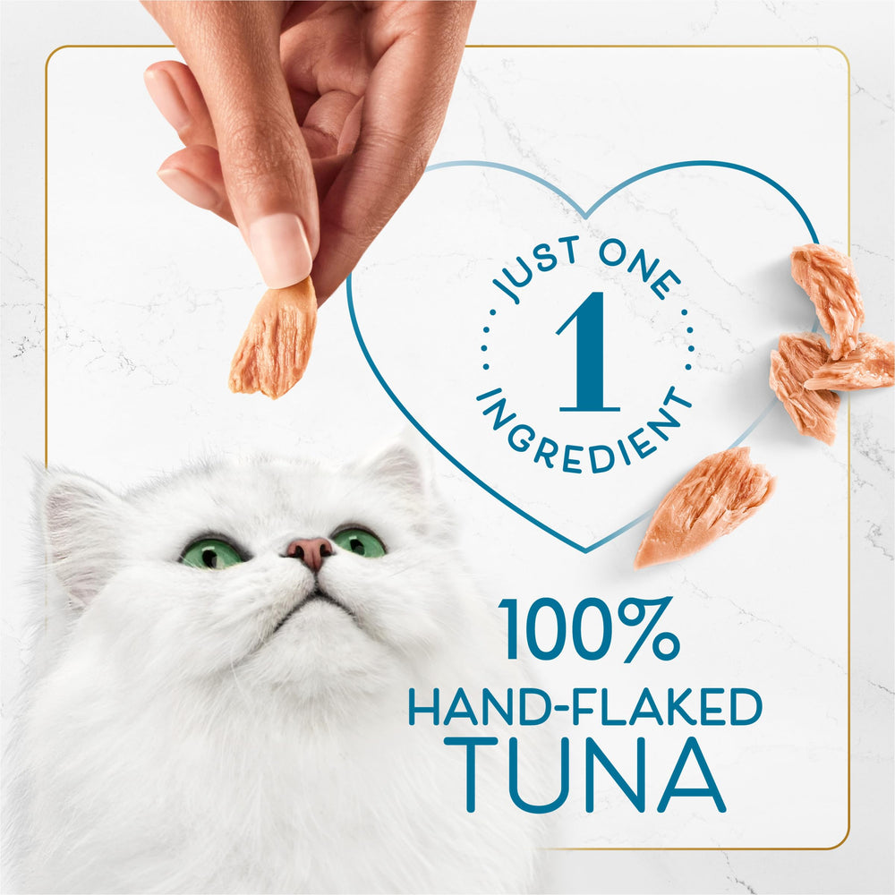 Bite-sized tuna pieces from Fancy Feast Purely Hand-Flaked ideal for snacking.