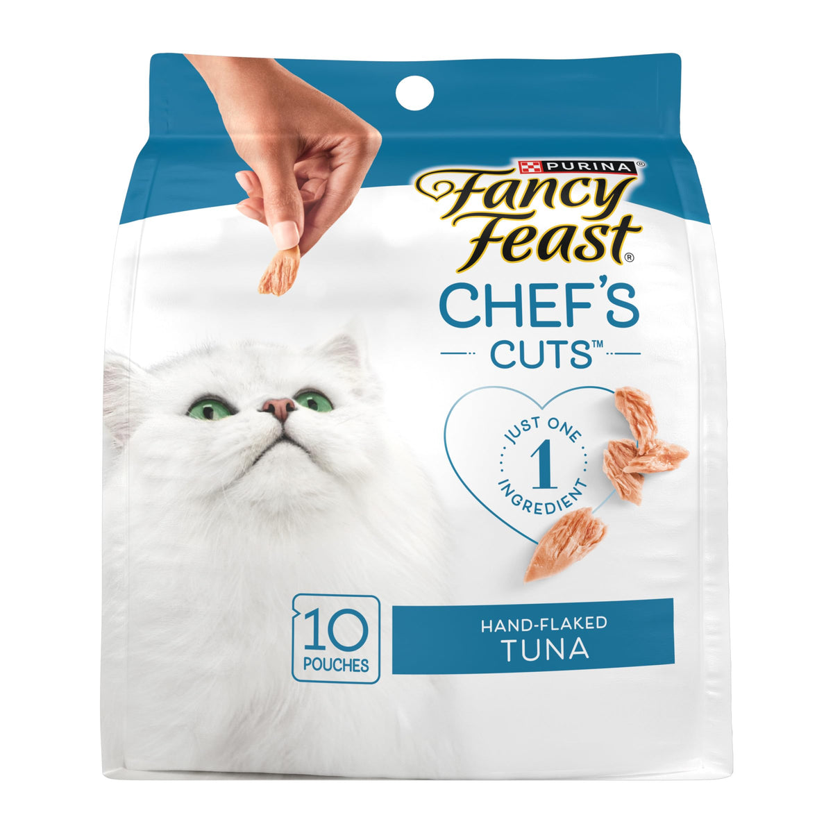 Fancy Feast Purely Hand-Flaked Tuna treats in a pack, fresh and convenient for cats.