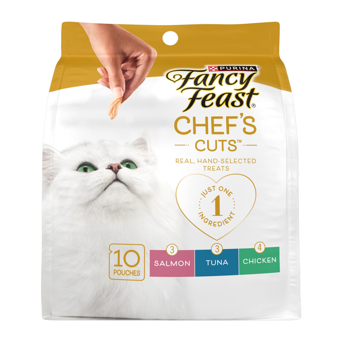 Fancy Feast Purely Natural variety pack front view with 10-count pouches for daily rewards