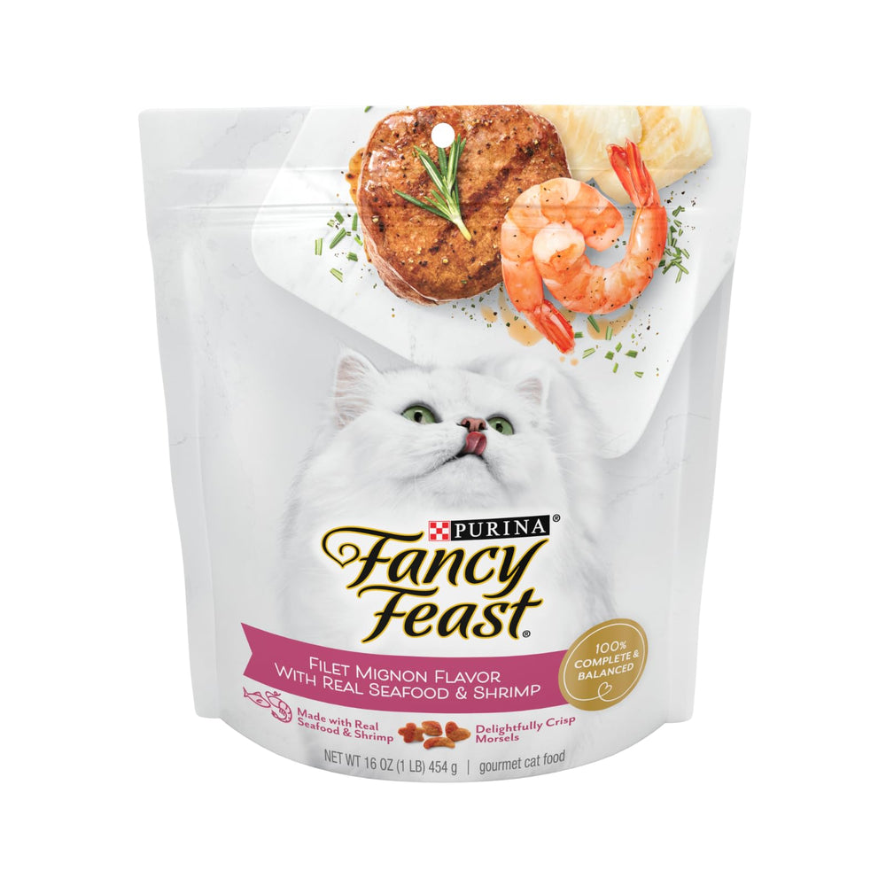 Fancy Feast Purina Filet Mignon crunchy morsels provide a satisfying crunch for cats.