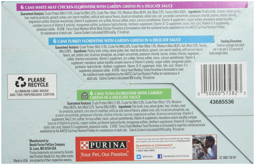 Fancy Feast Purina Medleys Florentine Garden Greens image featuring colorful accents.