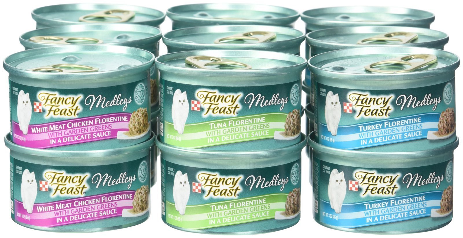 Fancy Feast Purina Medleys Florentine Turkey image with savory recipe and greens.