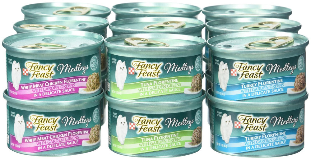 Fancy Feast Purina Medleys Florentine Turkey image with savory recipe and greens.