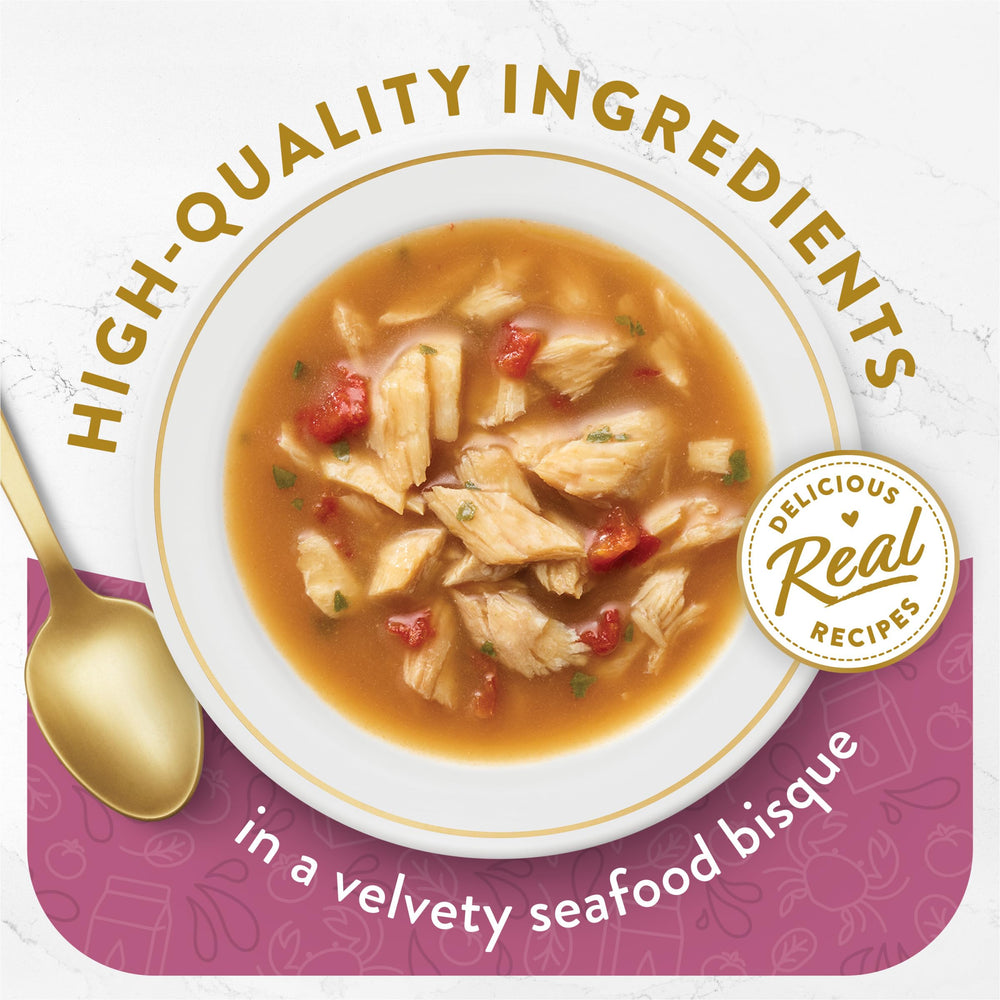 Fancy Feast real crab accents highlight premium seafood in a savory topper.