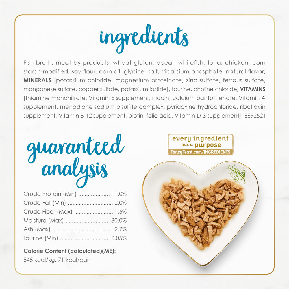 Fancy Feast real fish ingredients provide a flavorful, protein-rich option for cats.