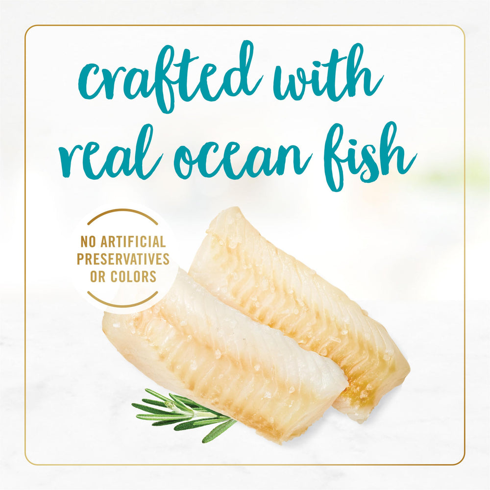 Fancy Feast real ocean fish ingredient highlight, premium protein for a satisfying meal.