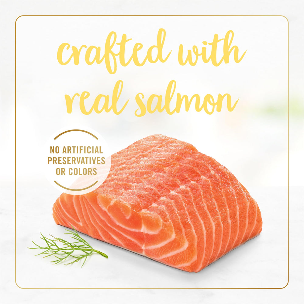 Fancy Feast Real Salmon Ingredient emphasis on top ingredient and flavor.