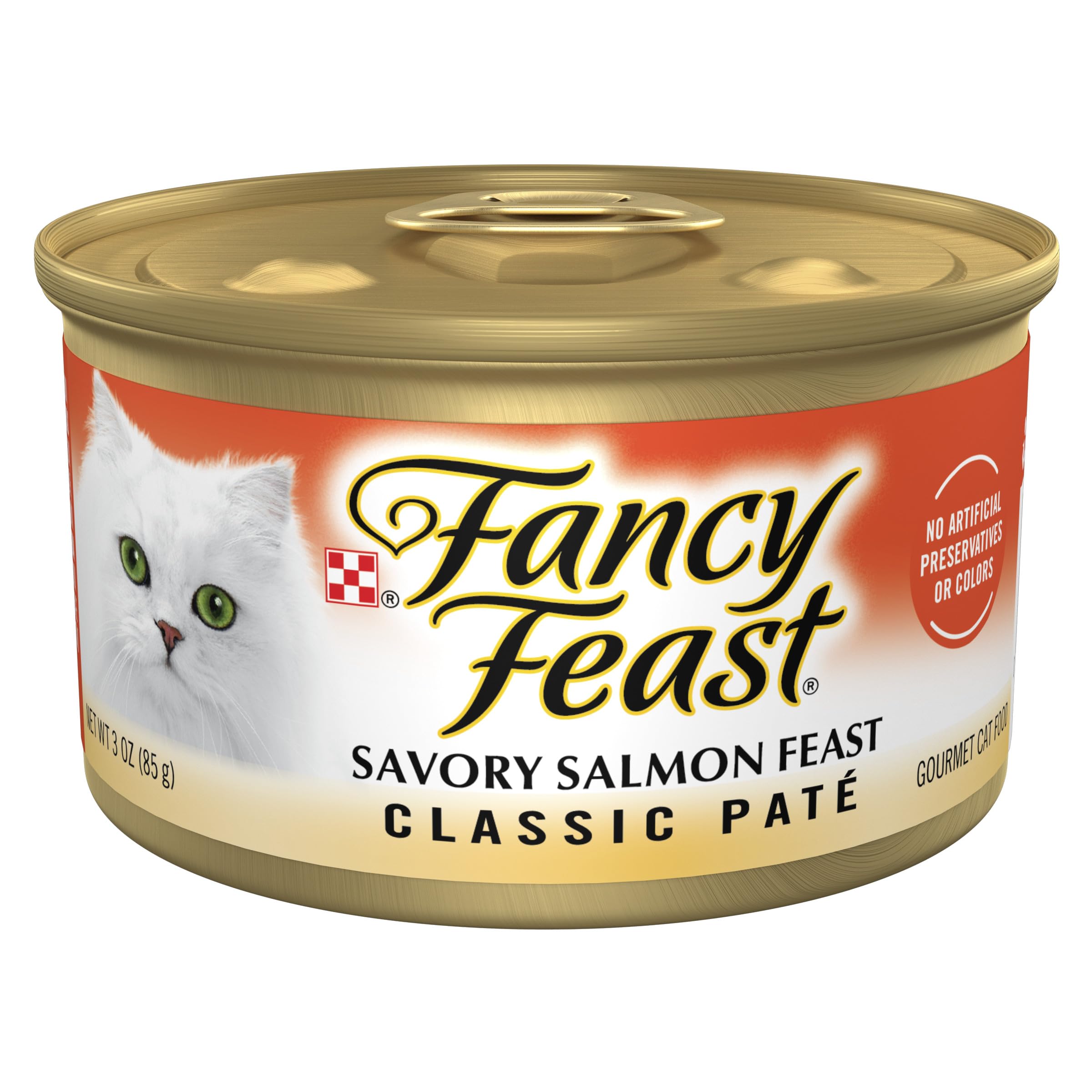 Fancy Feast Salmon Feast Pate can close-up showing real salmon as first ingredient