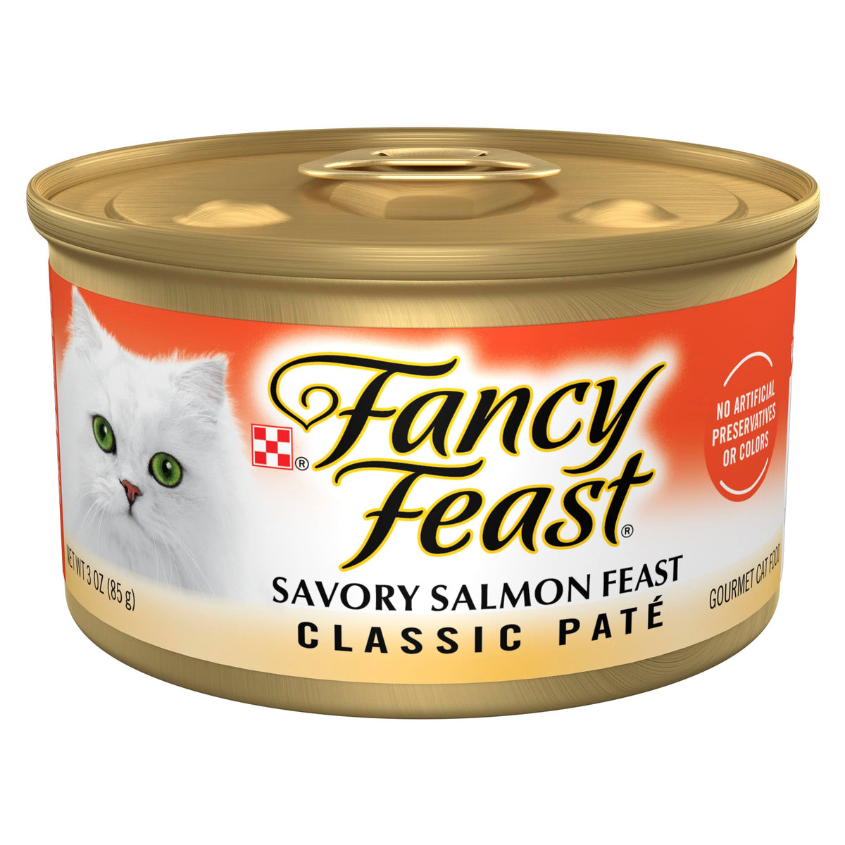Fancy Feast Salmon Feast Pate can close-up showing real salmon as first ingredient