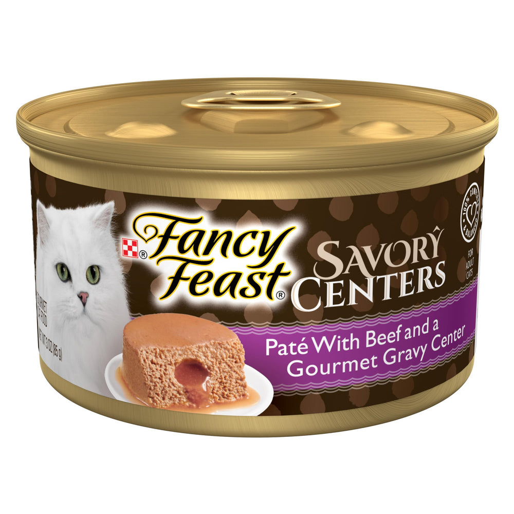Fancy Feast Savory Centers Beef Pate with Gravy Center; rich texture for cats.