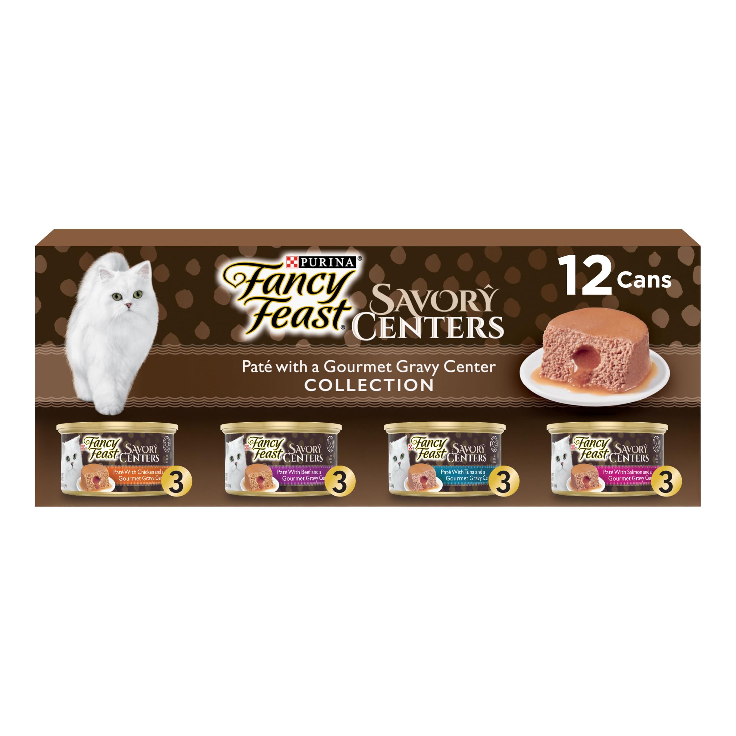Fancy Feast Savory Centers chicken pate with gravy center, inviting texture for a satisfying cat meal.