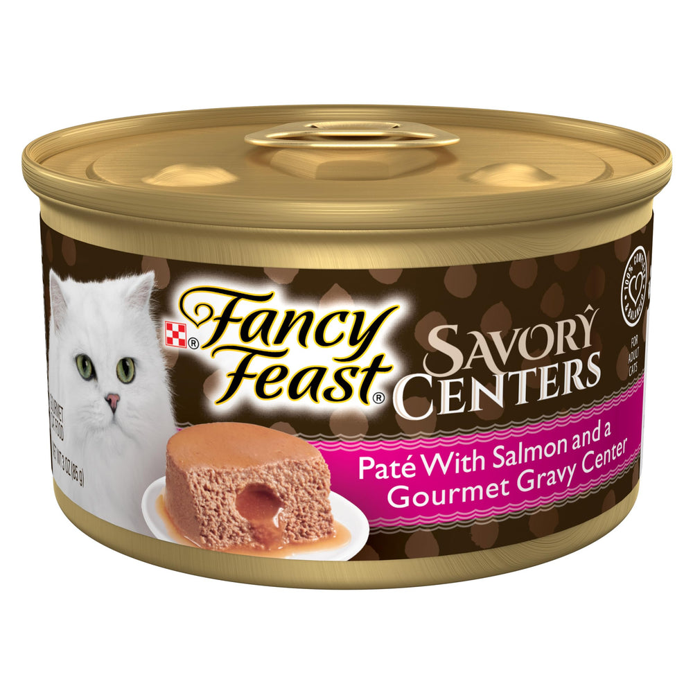 Fancy Feast Savory Centers Salmon Pate with glossy texture and real salmon for tempting meals.