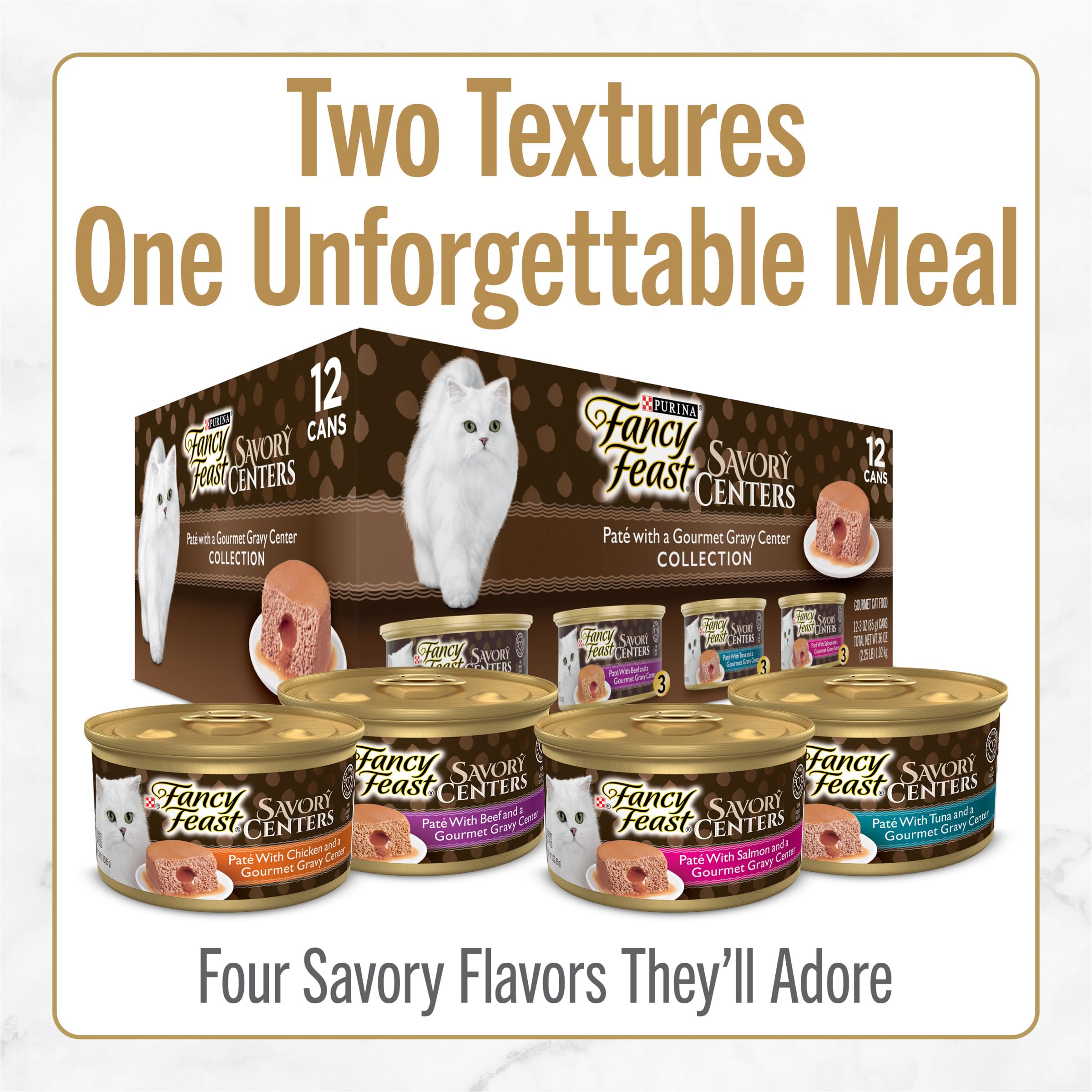 Fancy Feast Savory Centers tuna pate with gravy center, ideal for variety-loving cats.