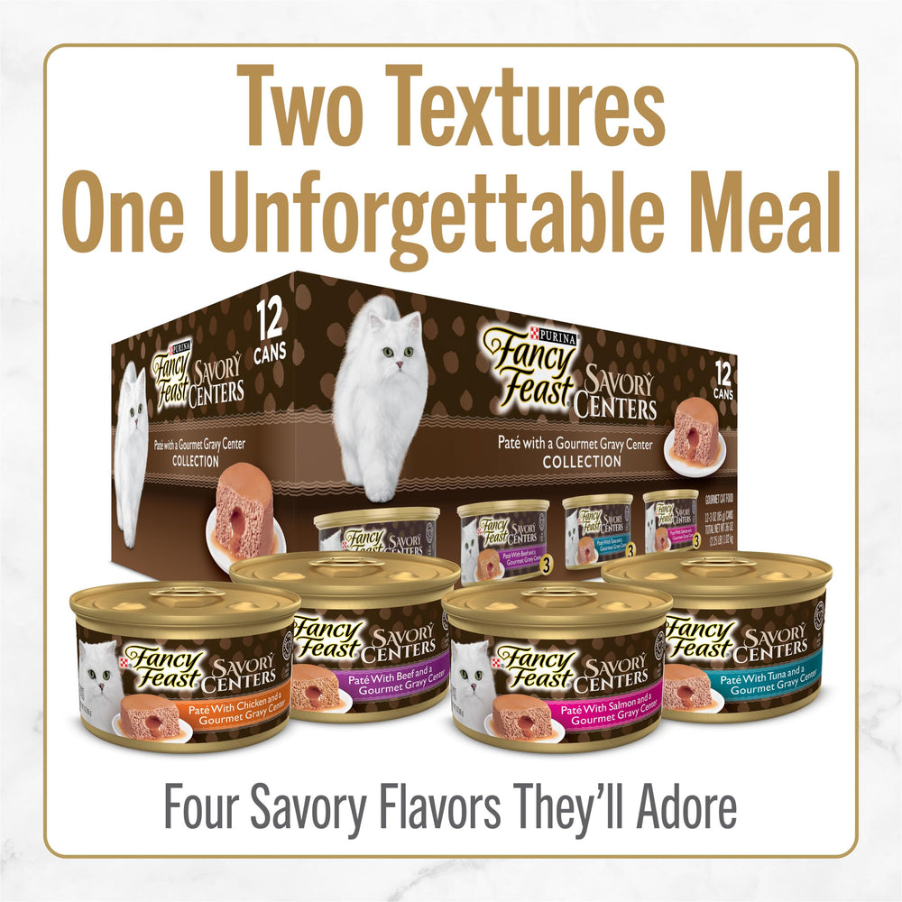 Fancy Feast Savory Centers tuna pate with gravy center, ideal for variety-loving cats.