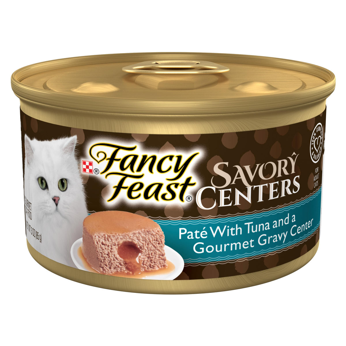 Fancy Feast Savory Centers tuna pate with gravy center, dual-texture delight.