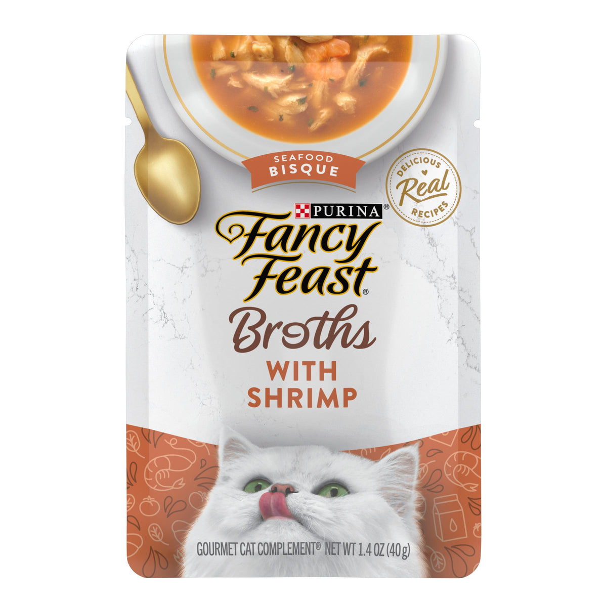 Fancy Feast Seafood Bisque shrimp broth pouch ready to pour for hydration