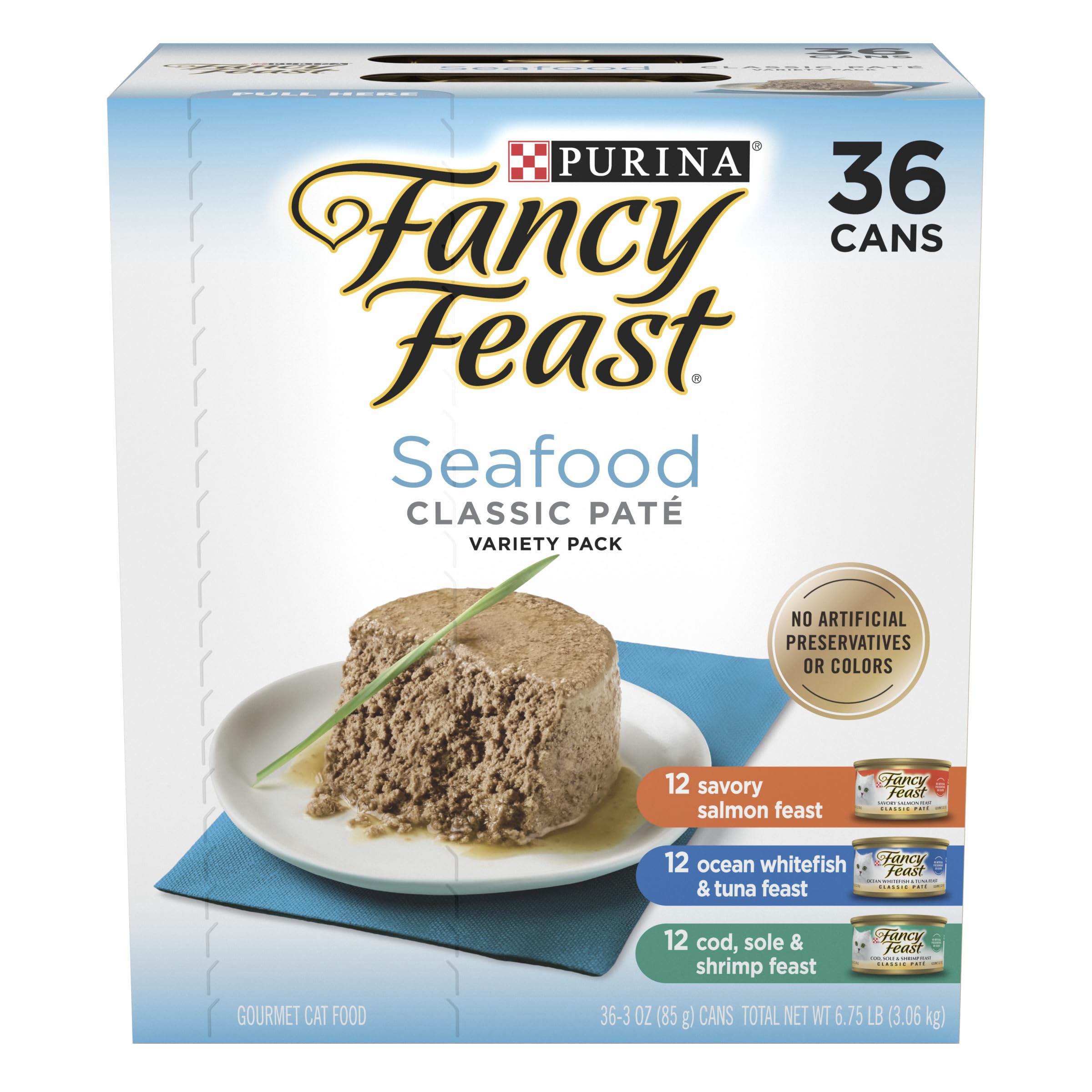 Fancy Feast Seafood Classic Pate Pack 36 cans provides varied meals for cats.
