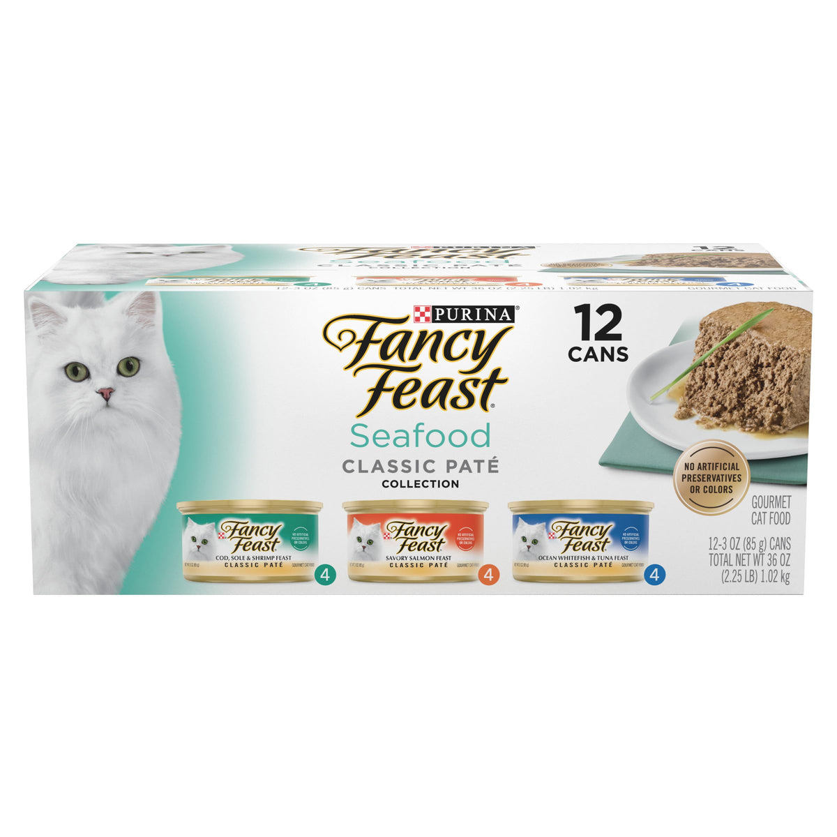 Fancy Feast Seafood Classic Pate pack of cans showing variety for tempting mealtime options