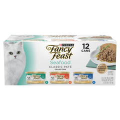 Fancy Feast Seafood Classic Pate pack of cans showing variety for tempting mealtime options