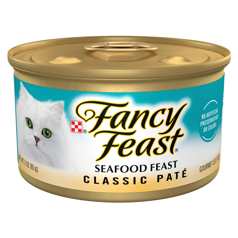 Fancy Feast Seafood Feast Pate cans on a shelf, premium cat meal option.