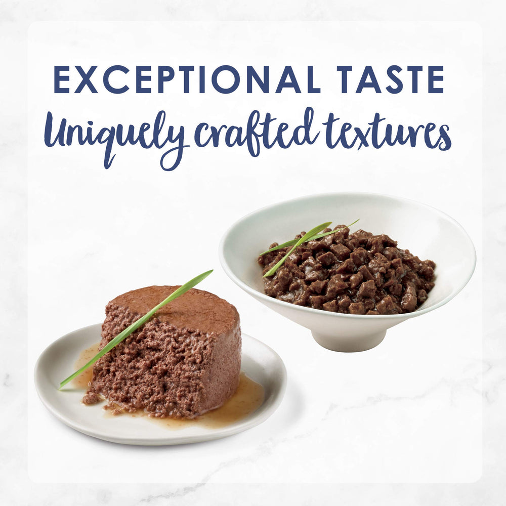 Fancy Feast Senior 7+ minced texture cans with varied sensory feeding