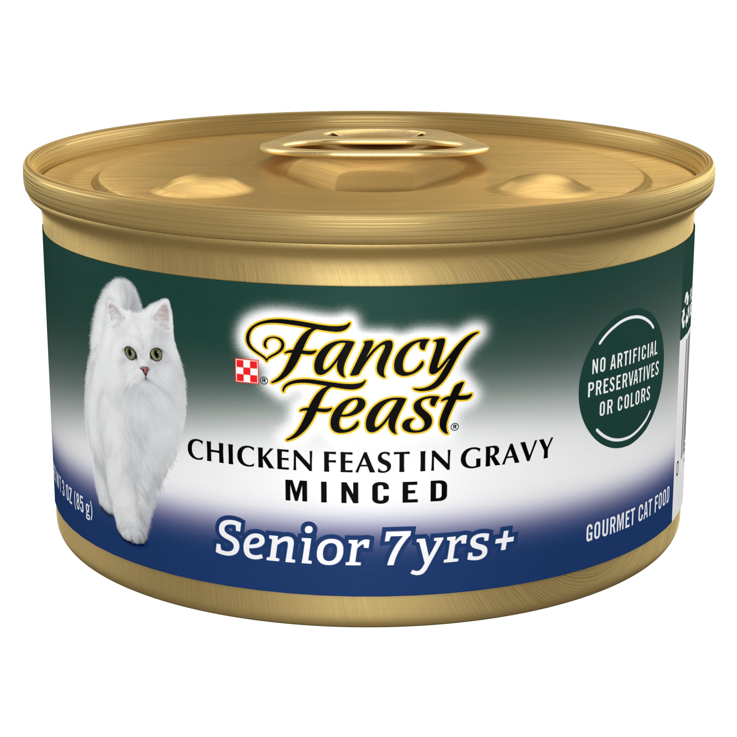 Fancy Feast senior chicken gravy minced can for 7+ years with rich flavor.