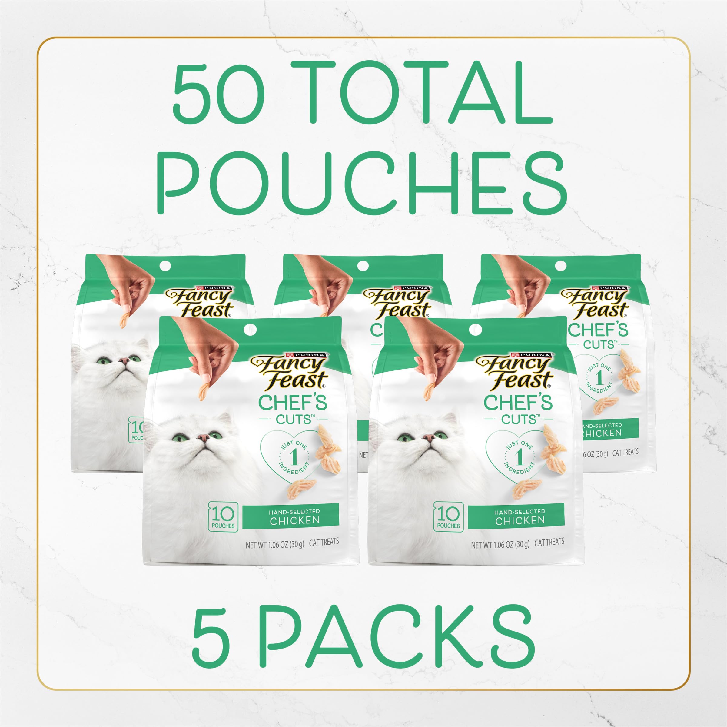 Fancy Feast single-ingredient chicken treats label close-up emphasizing natural simplicity.
