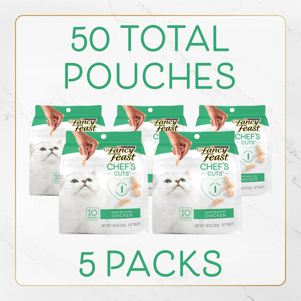Fancy Feast single-ingredient chicken treats label close-up emphasizing natural simplicity.
