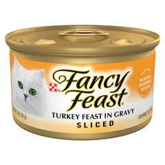 Fancy Feast Sliced Turkey in Gravy can showing premium turkey for adult cats
