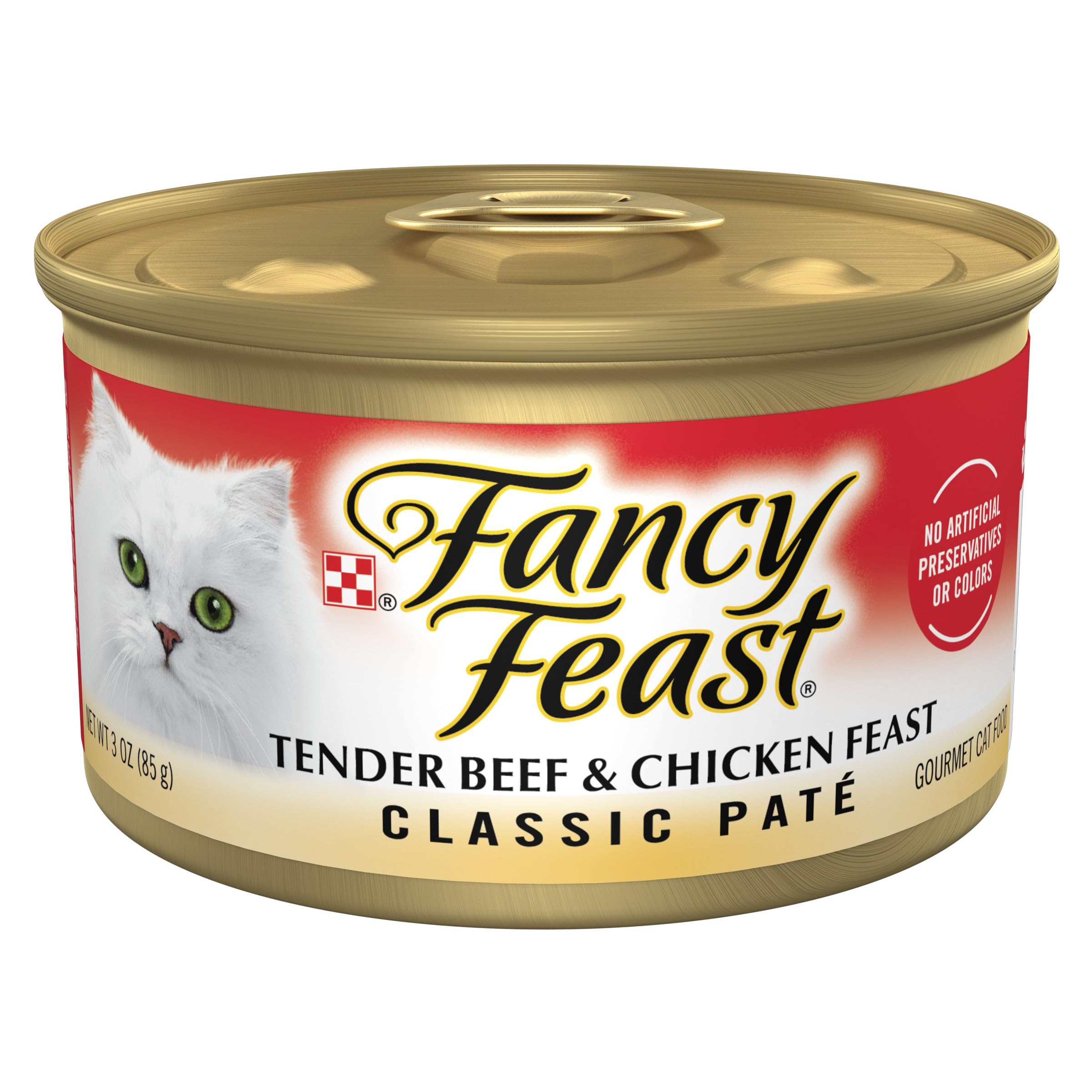 Fancy Feast tender beef and chicken pate can with enticing aroma for cats.