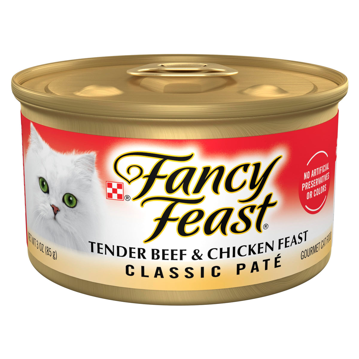 Fancy Feast tender beef and chicken pate can with enticing aroma for cats.