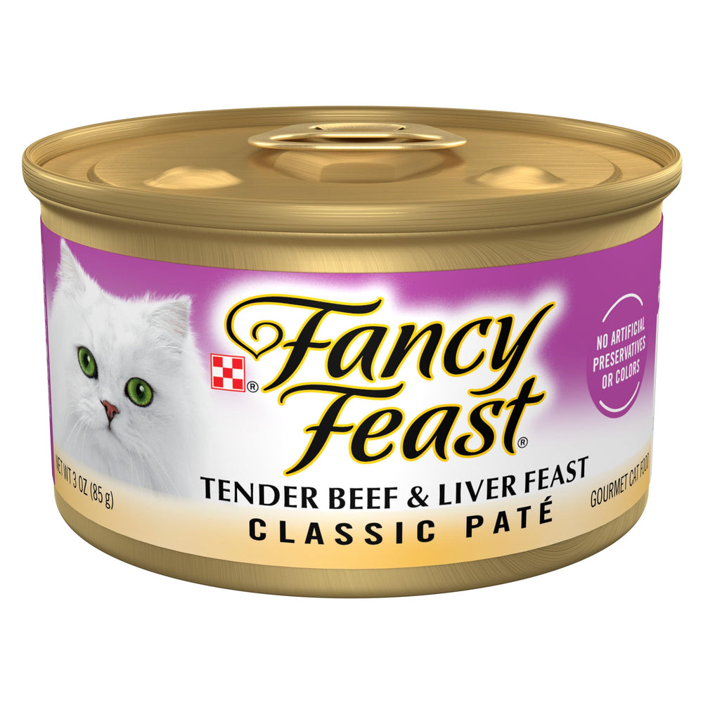 Fancy Feast Tender Beef and Liver Feast pate can, premium real meat for adult cats.