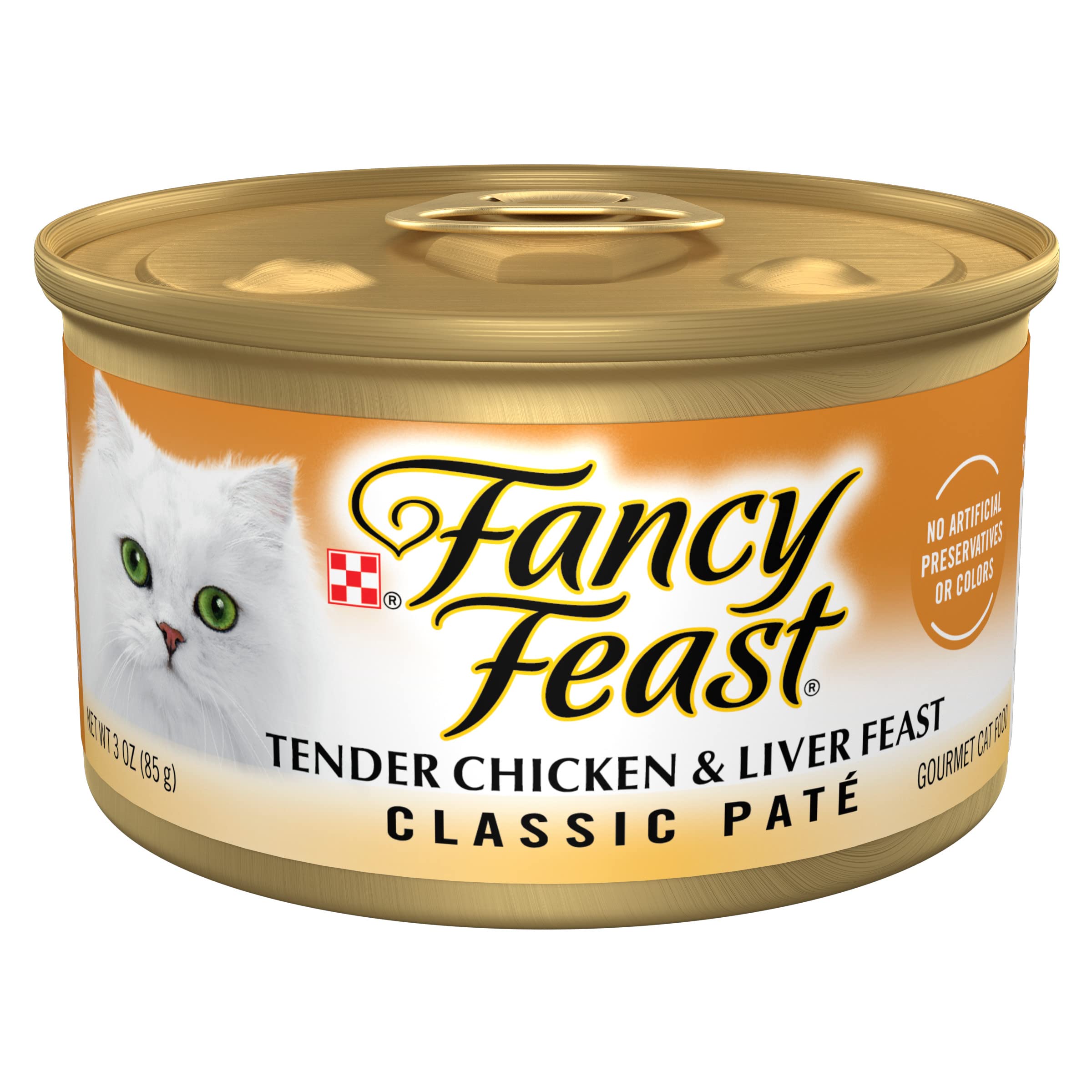 Fancy Feast tender-chicken-liver-feast-pate-can highlights premium ingredients for a satisfying meal.