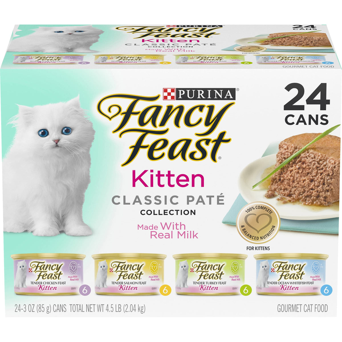 Fancy Feast Tender Feast Ocean Whitefish kitten pâté supports appetite with real seafood as the first ingredient.