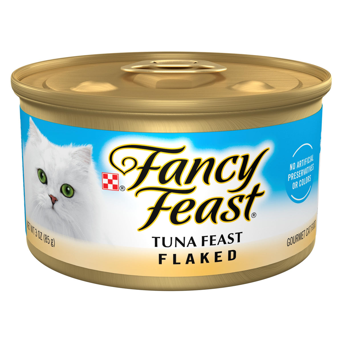 Fancy Feast tuna-flaked-feast can in a bowl boosts mealtime appeal with gourmet texture.