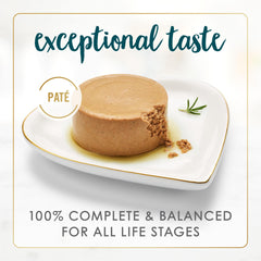 Fancy Feast wet cat food pate close-up, real salmon and shrimp shine in a smooth texture.